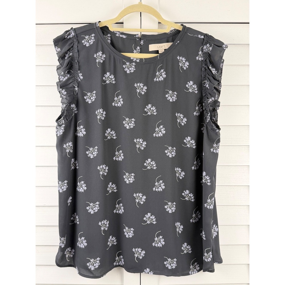 LOFT Ruffle Sleeve Blouse Women XL Black Floral Shell